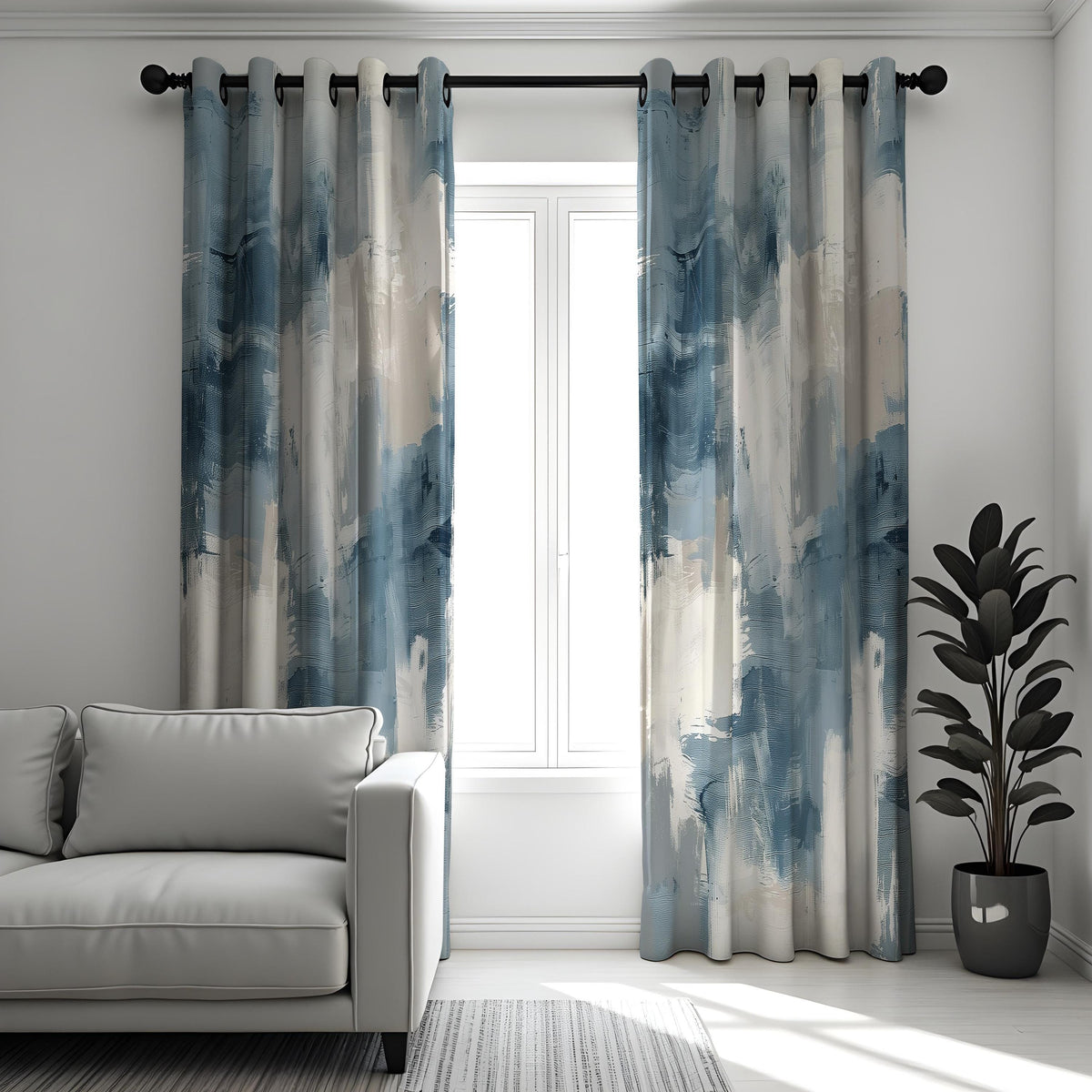 Blue Abstract Brushstroke Curtains, Modern Art Print Drapes