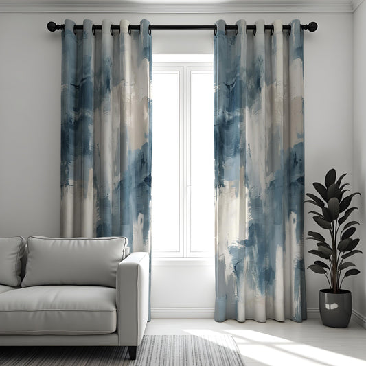 Blue Abstract Brushstroke Curtains, Modern Art Print Drapes