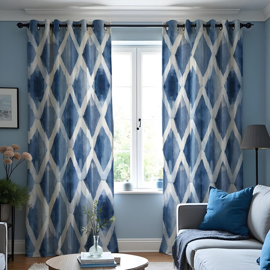 Blue Watercolor Geometric Curtains, Coastal Style Drapes