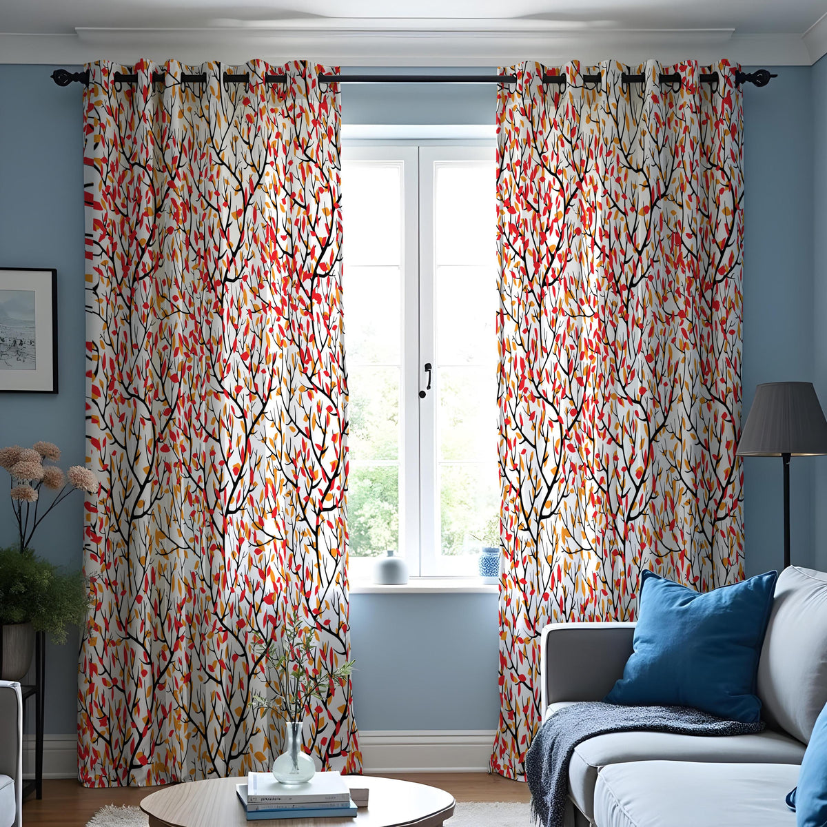 Red Orange Green Leaf Curtains, Colorful Botanical Drapes