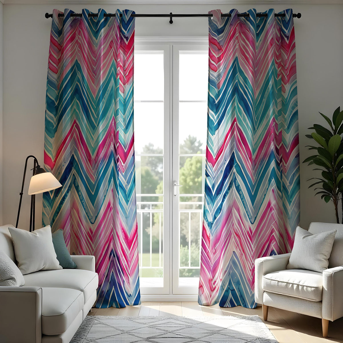 Pink Blue Teal Chevron Curtains, Watercolor Pattern Drapes