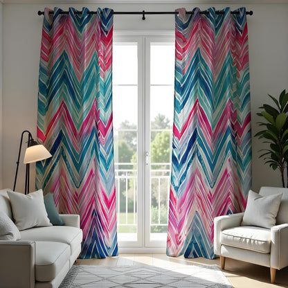 Pink Blue Teal Chevron Curtains, Watercolor Pattern Drapes