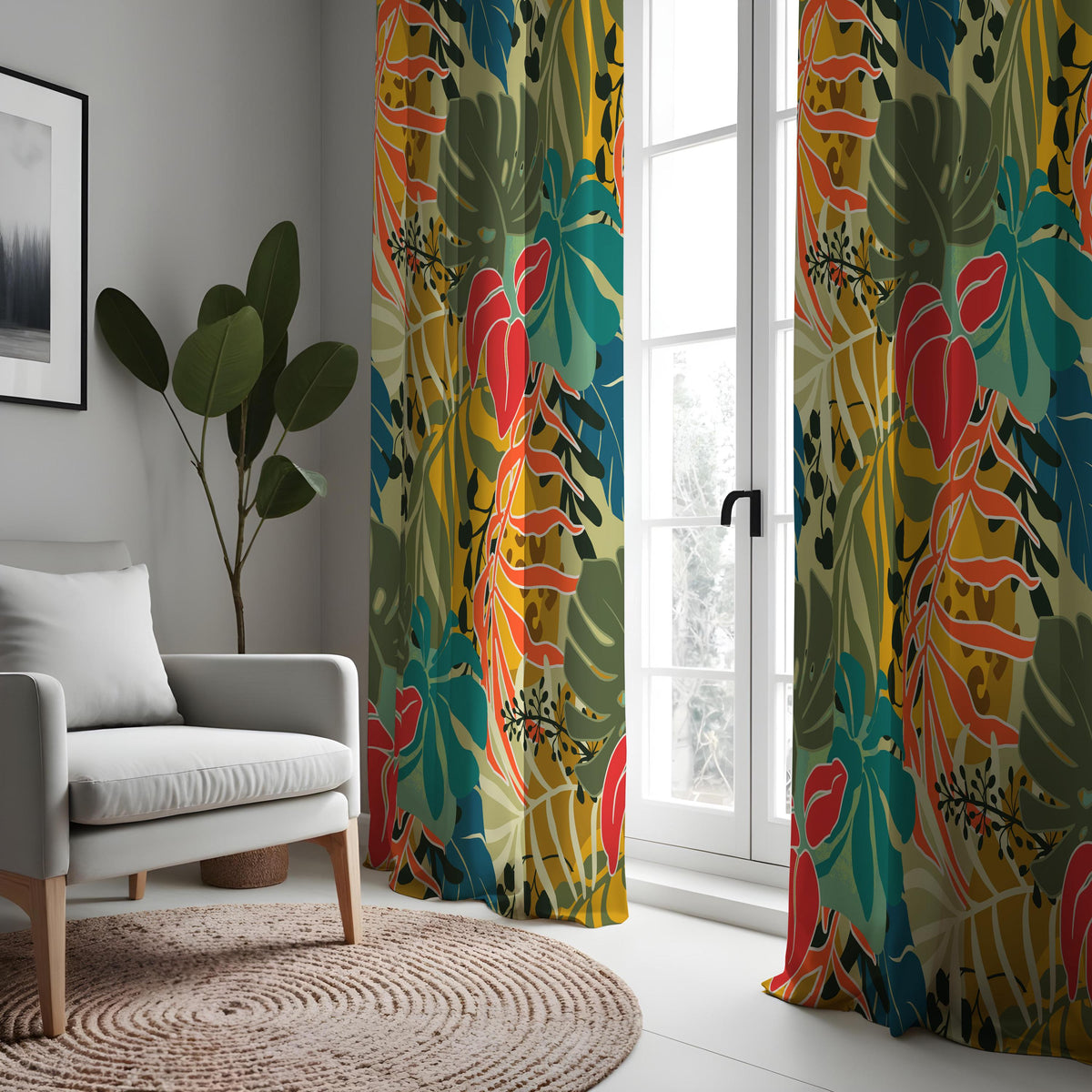 Red & Green Jungle Leaf Curtains, Tropical Window Drapes