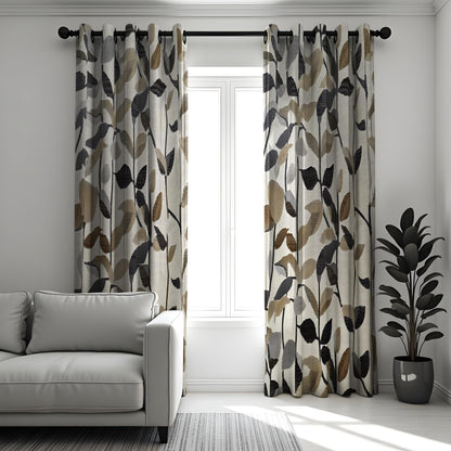 Beige & Black Leaf Print Curtains, Neutral Botanical Drapes