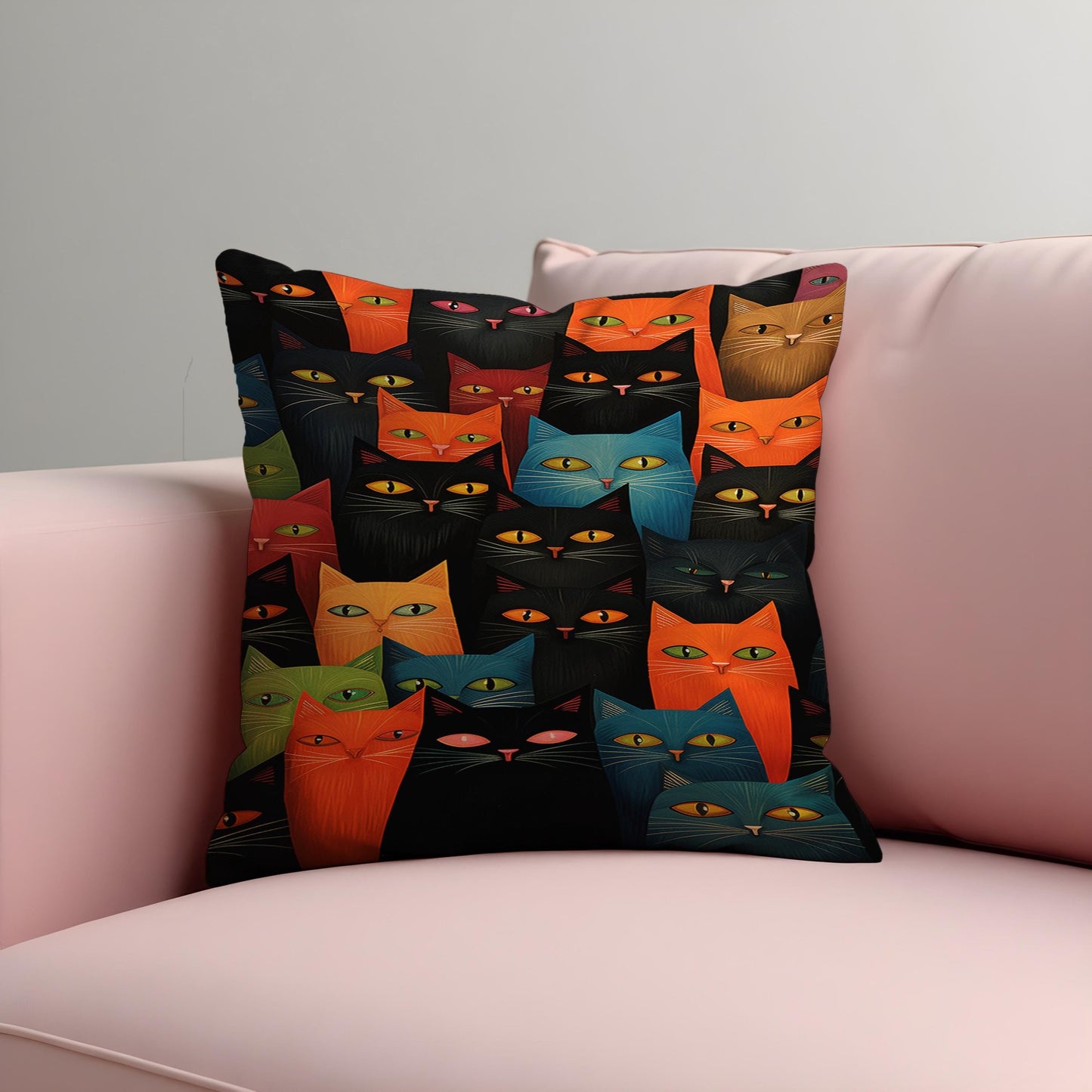 Colorful Cat Faces Cushion Cover, Funky Black & Rainbow Cats Pillow Case