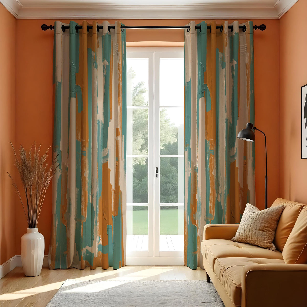 Teal and Rust Brushstroke Curtains, Abstract Art Drapes