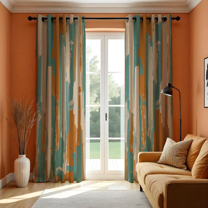 Teal and Rust Brushstroke Curtains, Abstract Art Drapes