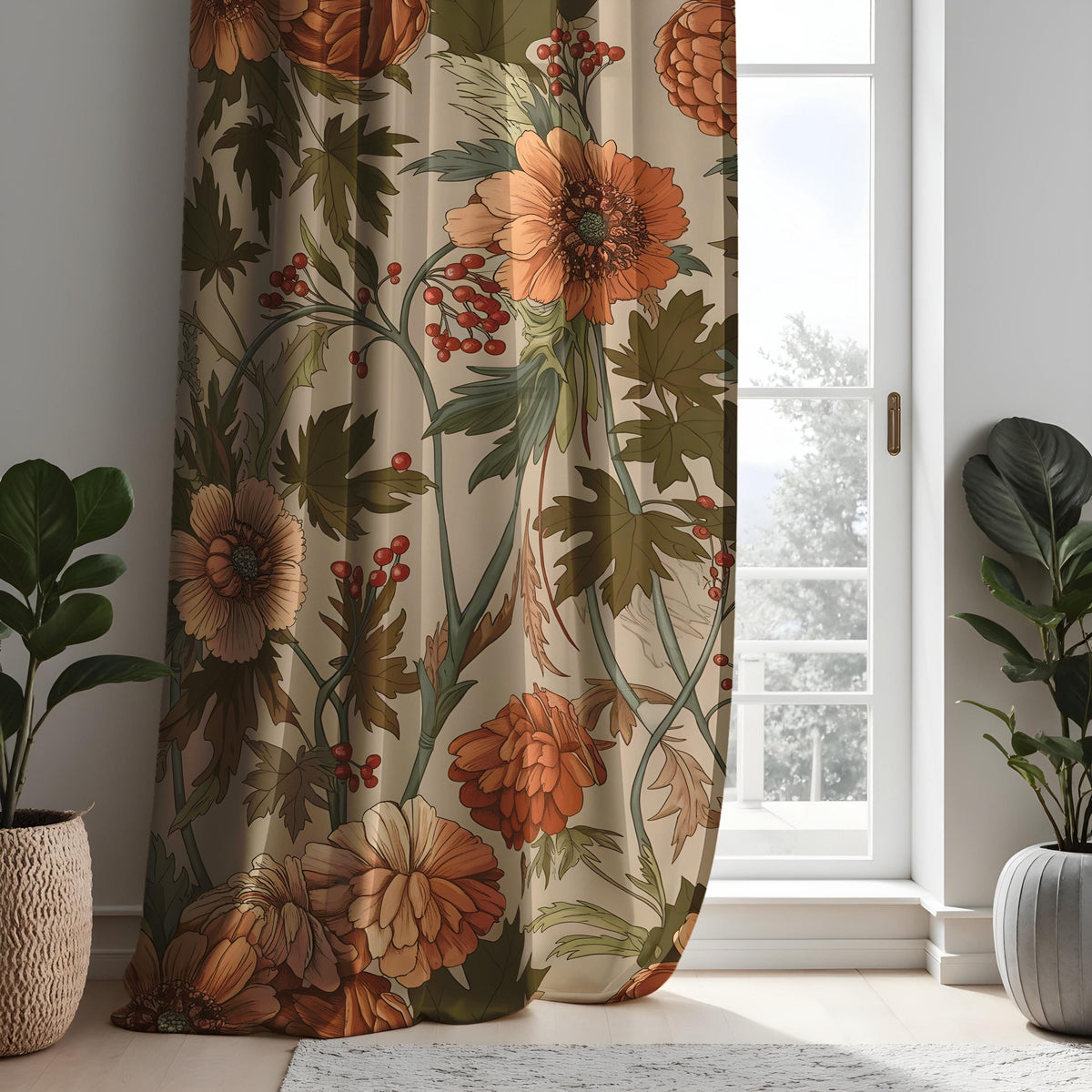 Autumn Orange Floral Curtains, Vintage Botanical Drapes