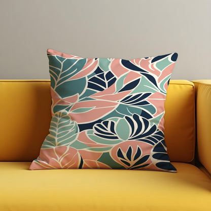 Tropical Leaf Cushion Cover, Bold Coral & Mint Botanical Pillowcase
