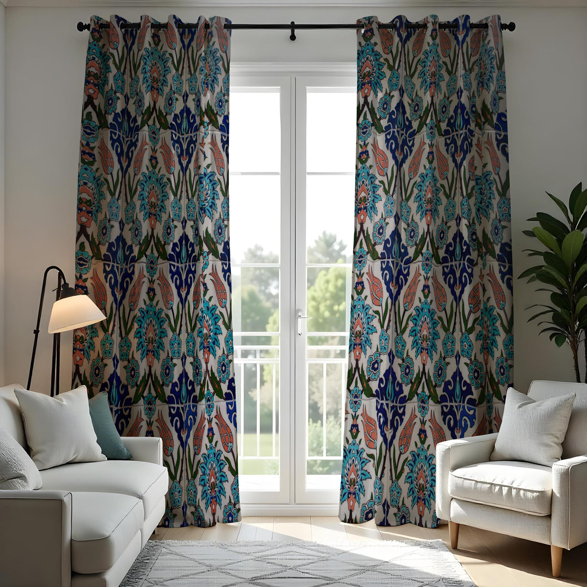 Blue & Orange Ikat Curtains, Boho Mediterranean Drapes