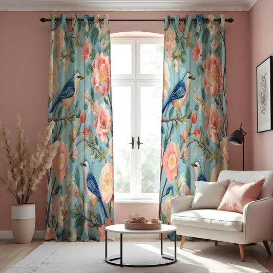 Blue Bird & Pink Floral Curtains, Cottagecore Drapes