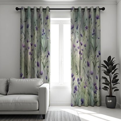 Green Leaf Curtains, Purple Bloom Botanical Print Drapes