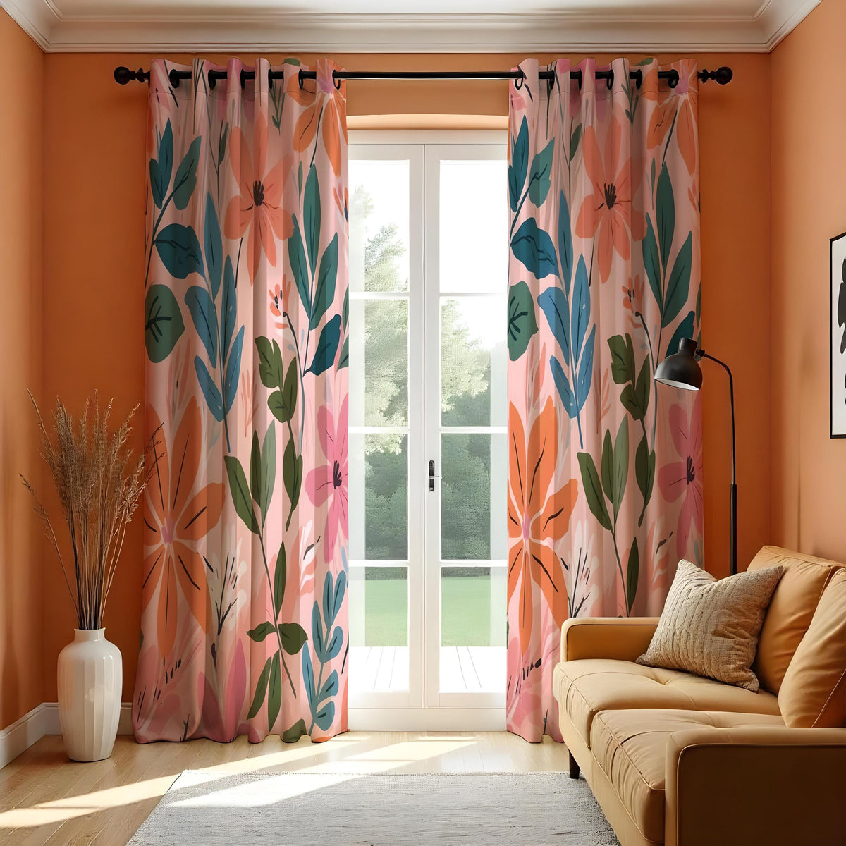 Peach Floral Curtains, Teal & Orange Leaf Botanical Drapes