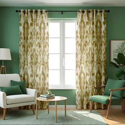 Beige & Yellow Damask Curtains, Traditional Pattern Drapes