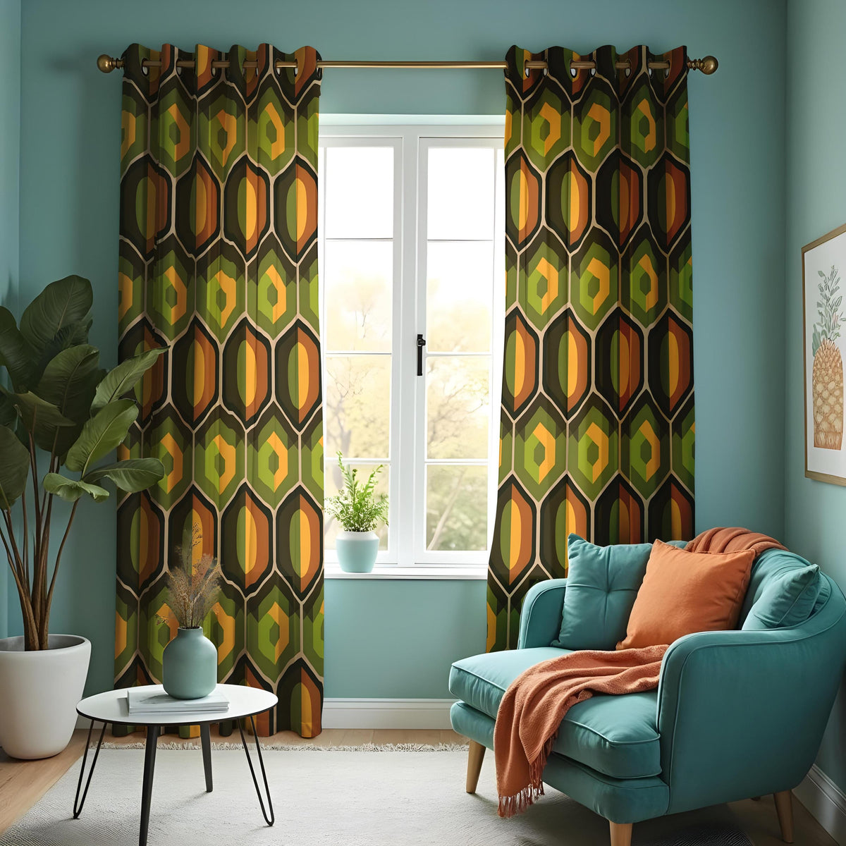 Retro Geometric Curtains, Olive Green & Orange Drapes