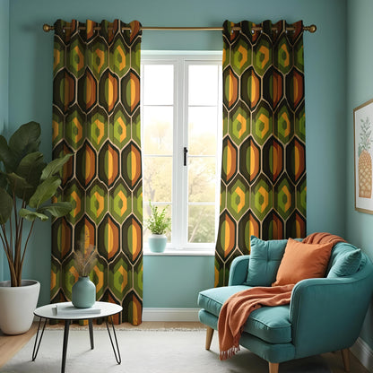 Retro Geometric Curtains, Olive Green & Orange Drapes