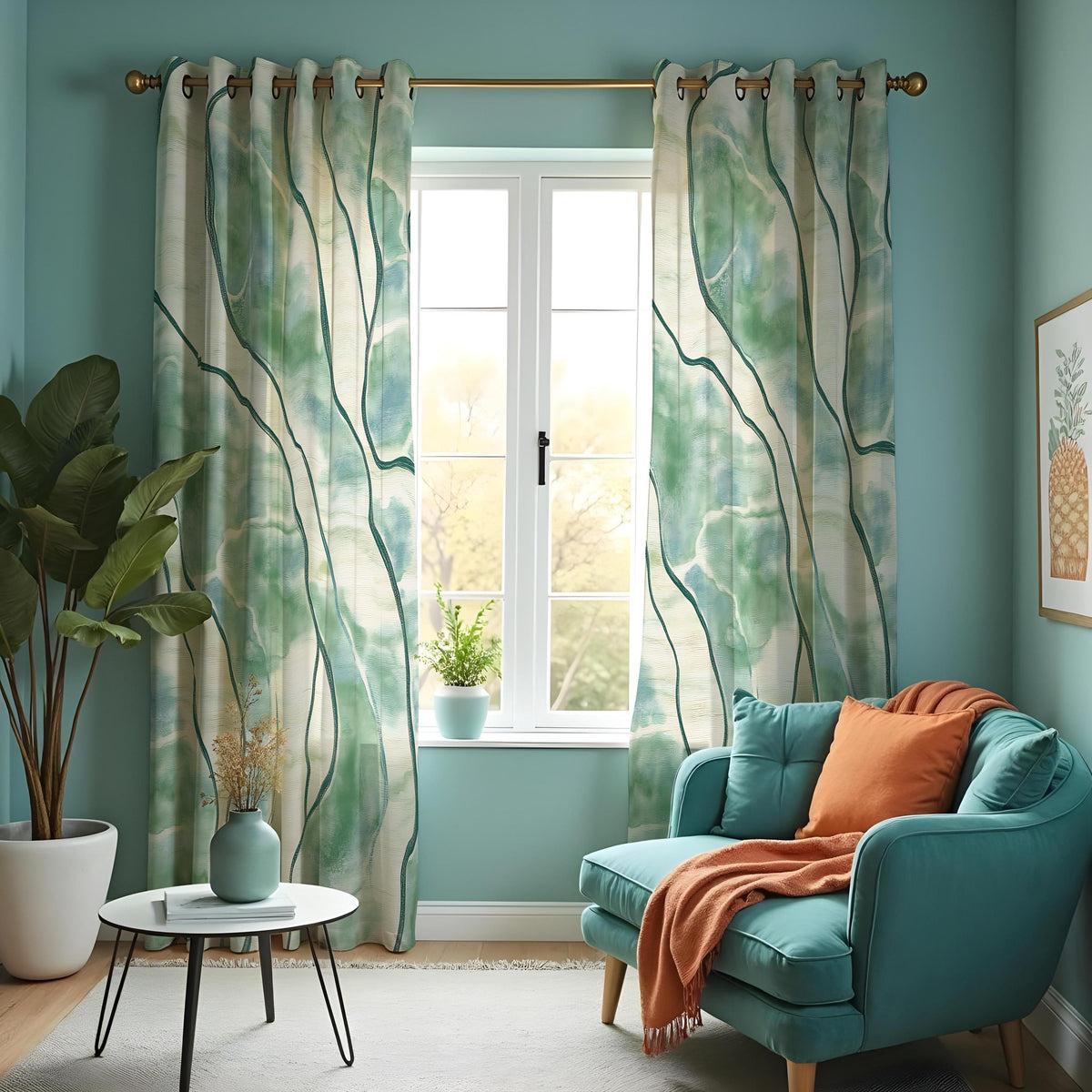 Green Watercolor Abstract Curtains, Artistic Custom Drapes