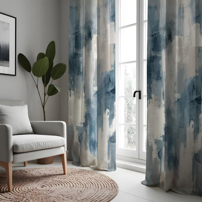 Blue Abstract Brushstroke Curtains, Modern Art Print Drapes