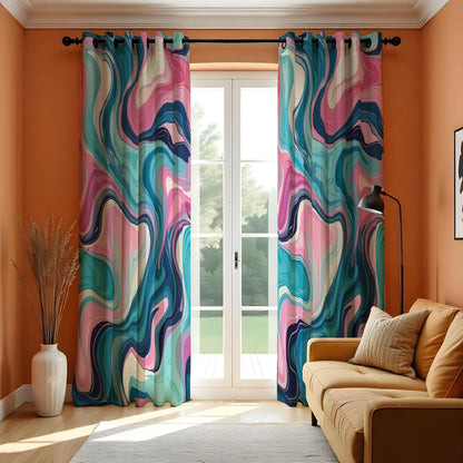 Pink Blue Fluid Marble Curtains, Colorful Abstract Drapes