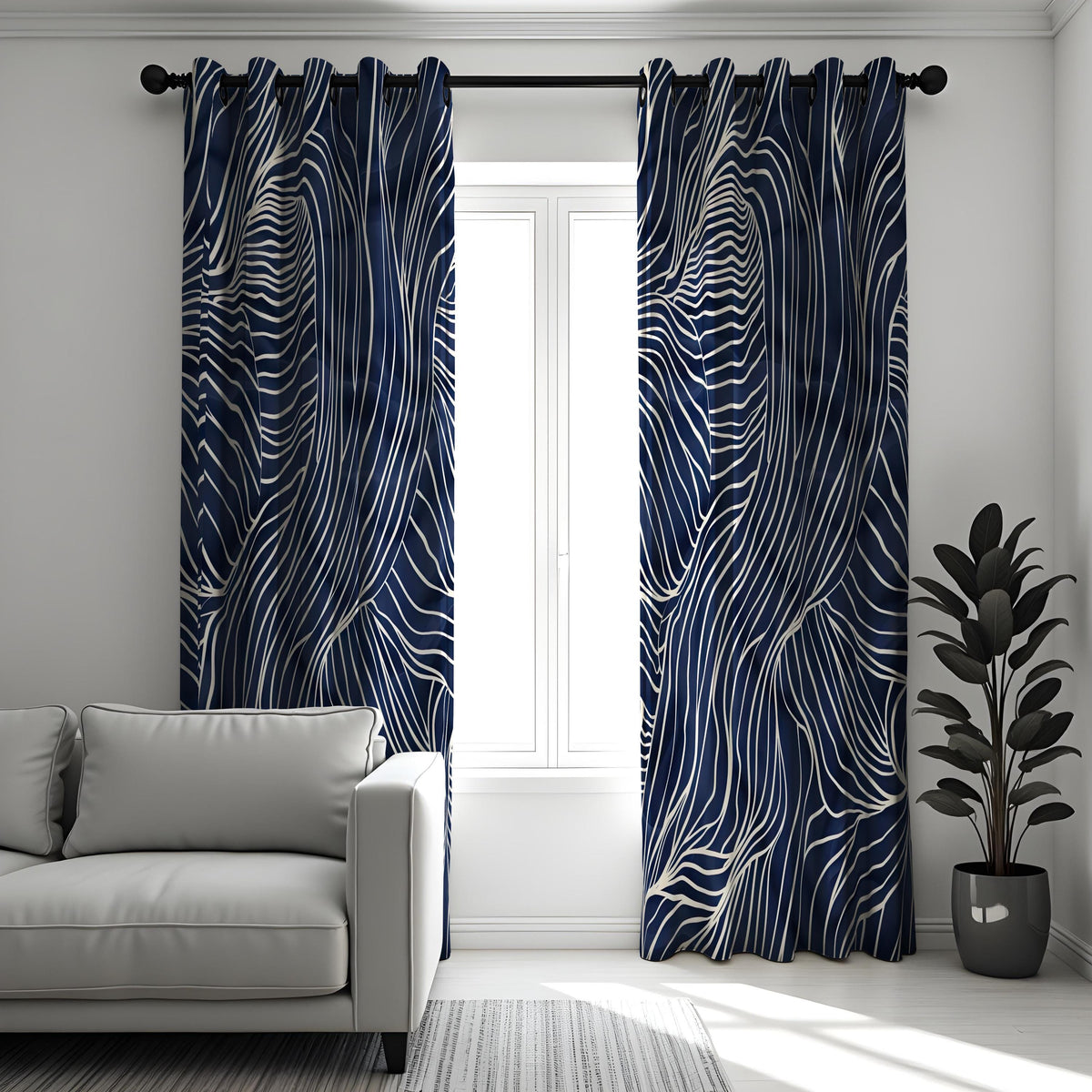 Navy Blue Wavy Line Curtains, Minimalist Abstract Drapes