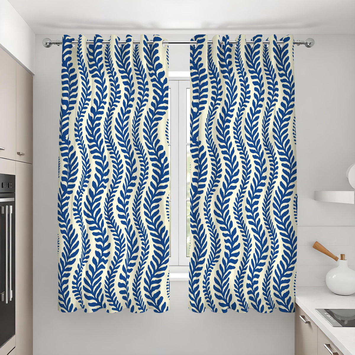 Navy & Cream Leaf Curtains, Nautical Coastal Wave Drapes