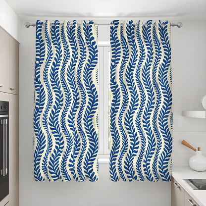 Navy & Cream Leaf Curtains, Nautical Coastal Wave Drapes