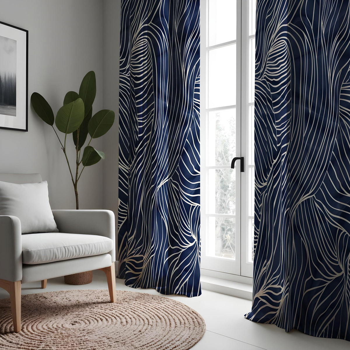Navy Blue Wavy Line Curtains, Minimalist Abstract Drapes
