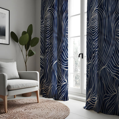 Navy Blue Wavy Line Curtains, Minimalist Abstract Drapes