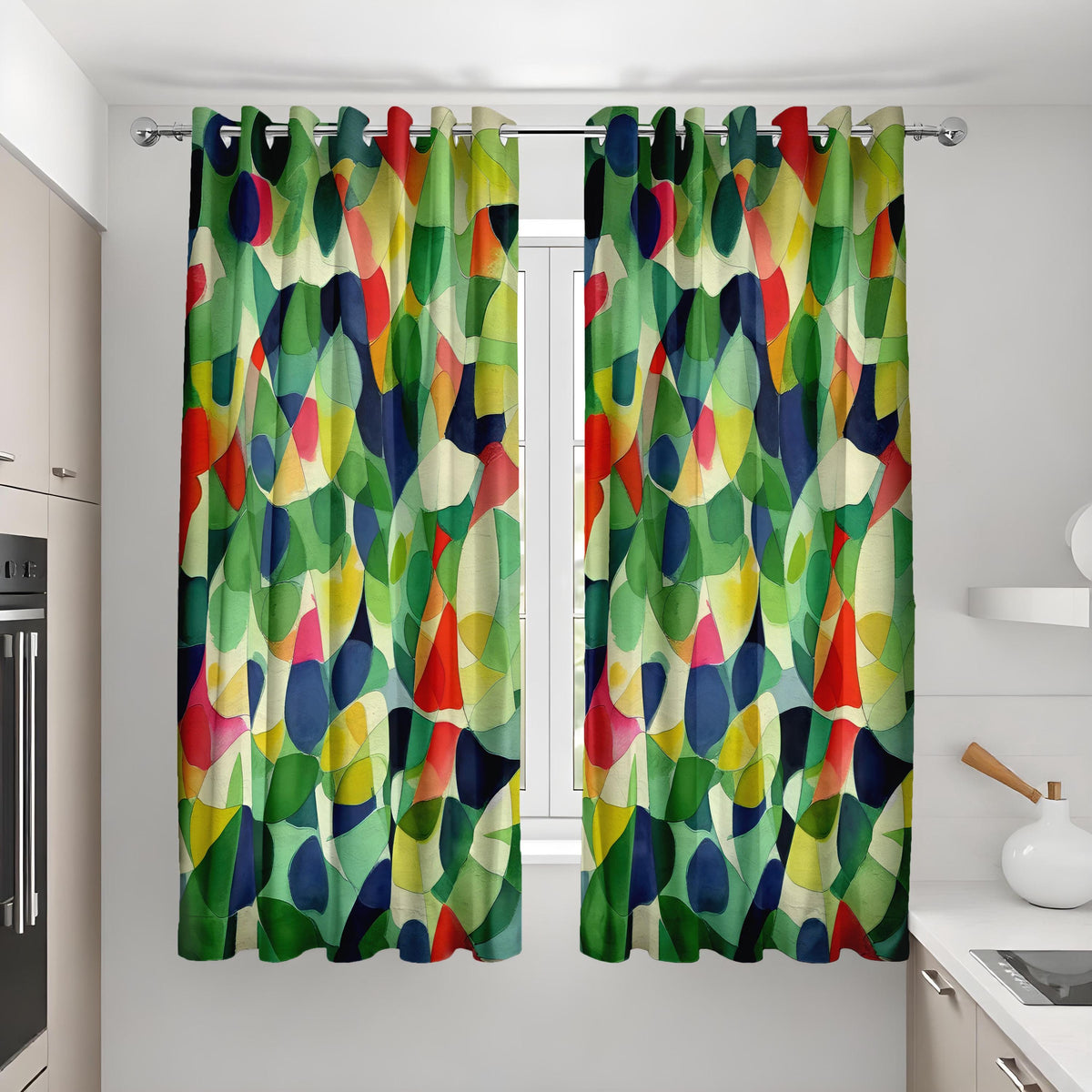 Colorful Geometric Leaf Curtains, Abstract Nature Drapes