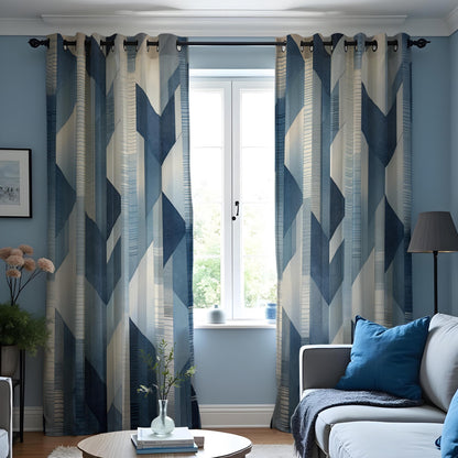 Blue Geometric Curtains, Minimalist Abstract Custom Drapes