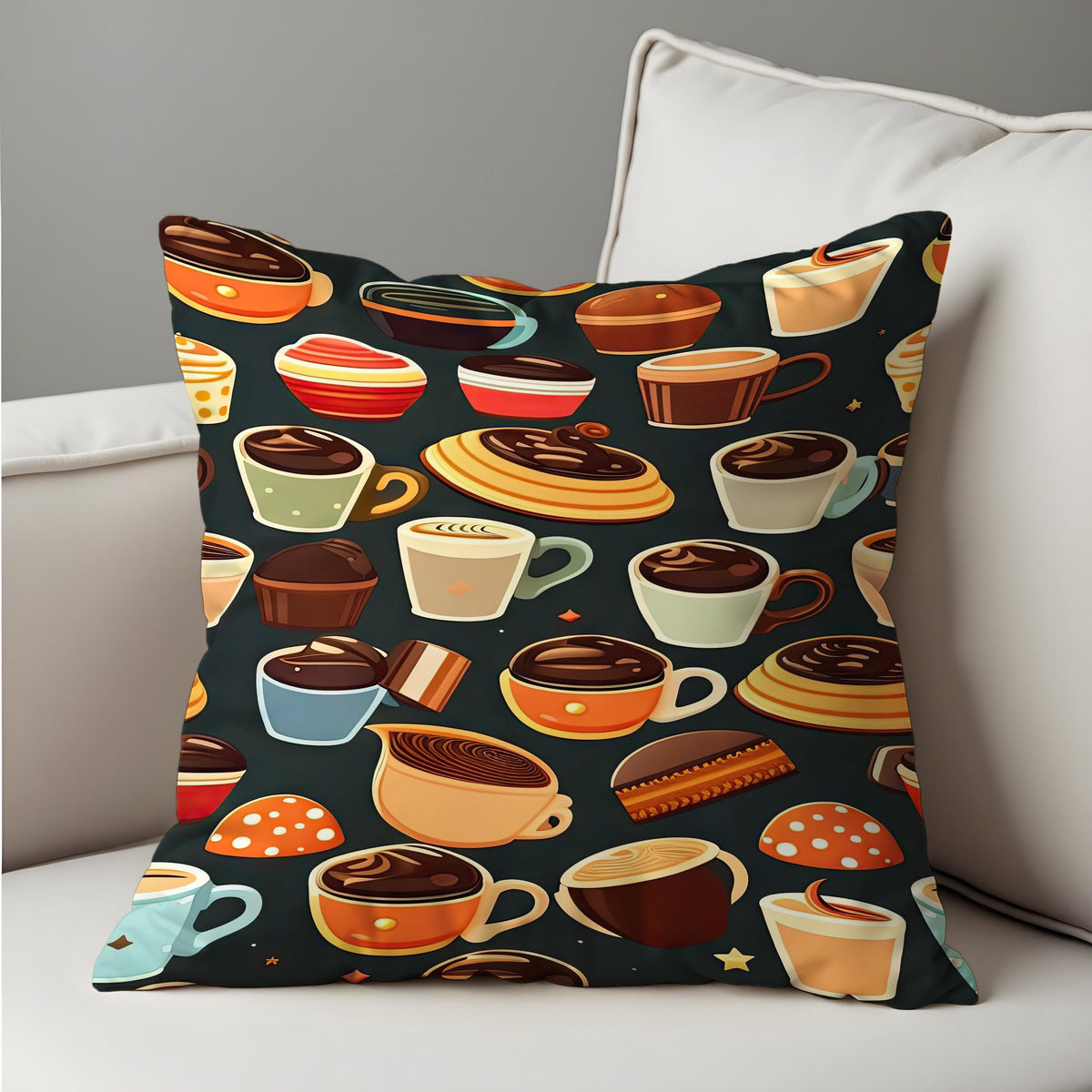 Coffee Lovers Pillow Cover, Mug and Pastry Cushion Case