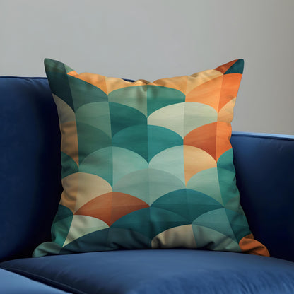 Bold Geometric Cushion Cover, Retro Teal and Burnt Orange Fan Pillow Case