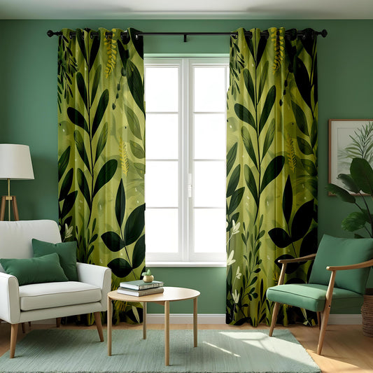 Green Jungle Leaf Curtains, Modern Botanical Nature Drapes
