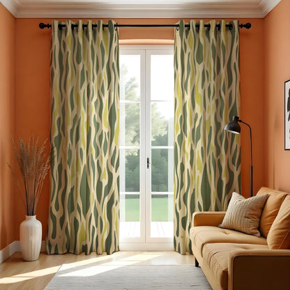Green Abstract Wave Curtains, Retro Organic Wavy Drapes