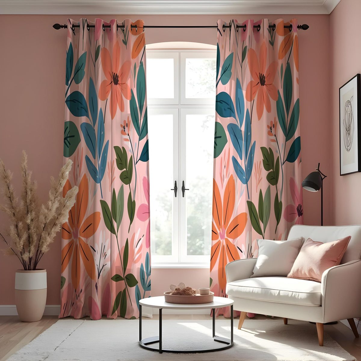 Peach Floral Curtains, Teal & Orange Leaf Botanical Drapes