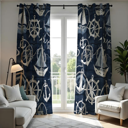 Navy Nautical Sailboat Curtains, Beach House Window Drapes