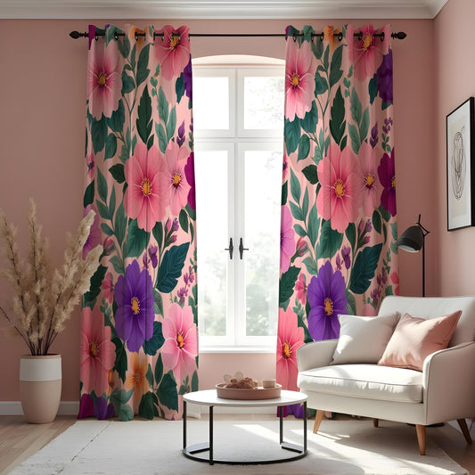Pink and Purple Floral Curtains, Tropical Botanical Drapes