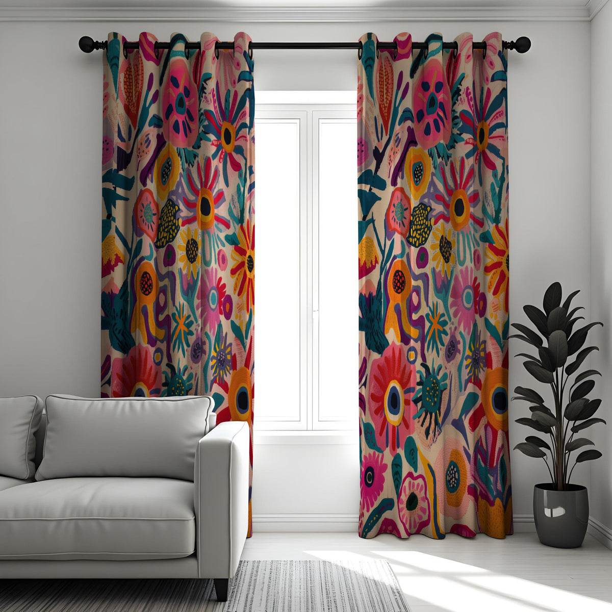 Vibrant Boho Floral Curtains, Folk Art Flower Drapes