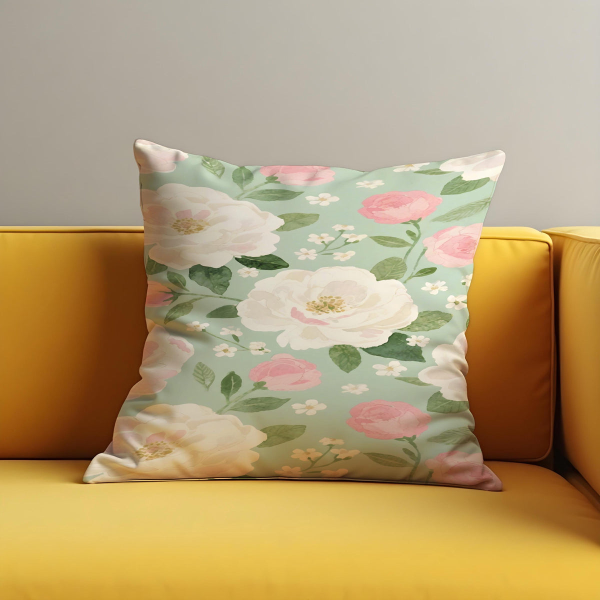 Watercolour Rose Cushion Cover, Sage Green Pillow Case