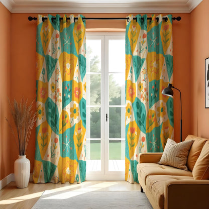 Yellow Teal Retro Floral Curtains, Geometric Flower Drapes