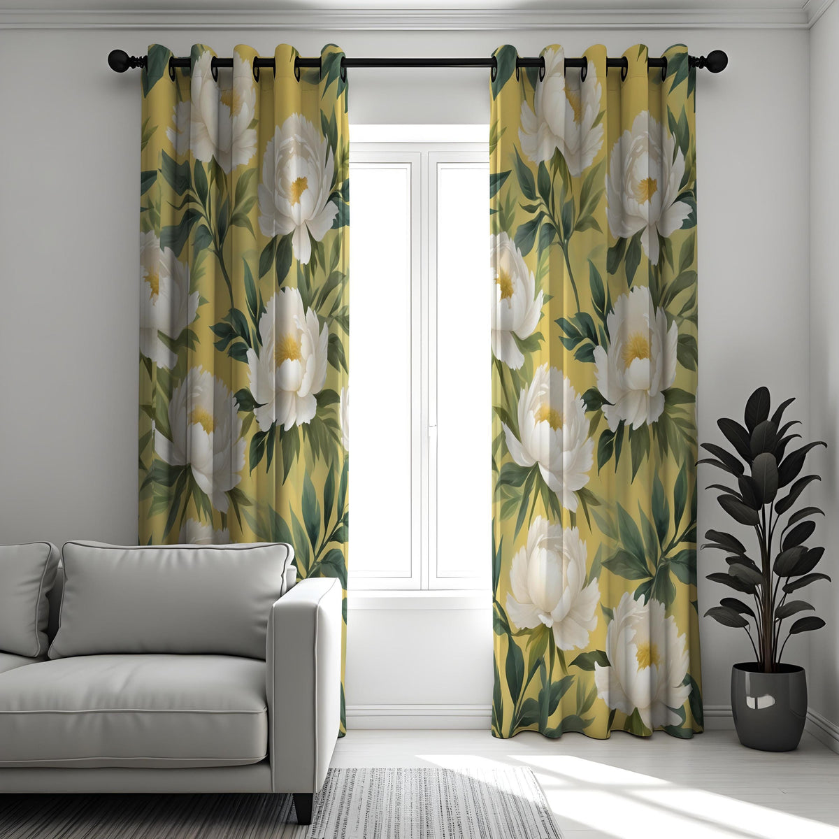 Yellow Floral Curtains, Large White Flower Botanical Drapes