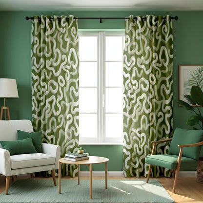 Olive Green Wavy Curtains, Organic Abstract Pattern Drapes