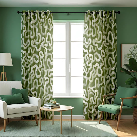 Olive Green Wavy Curtains, Organic Abstract Pattern Drapes