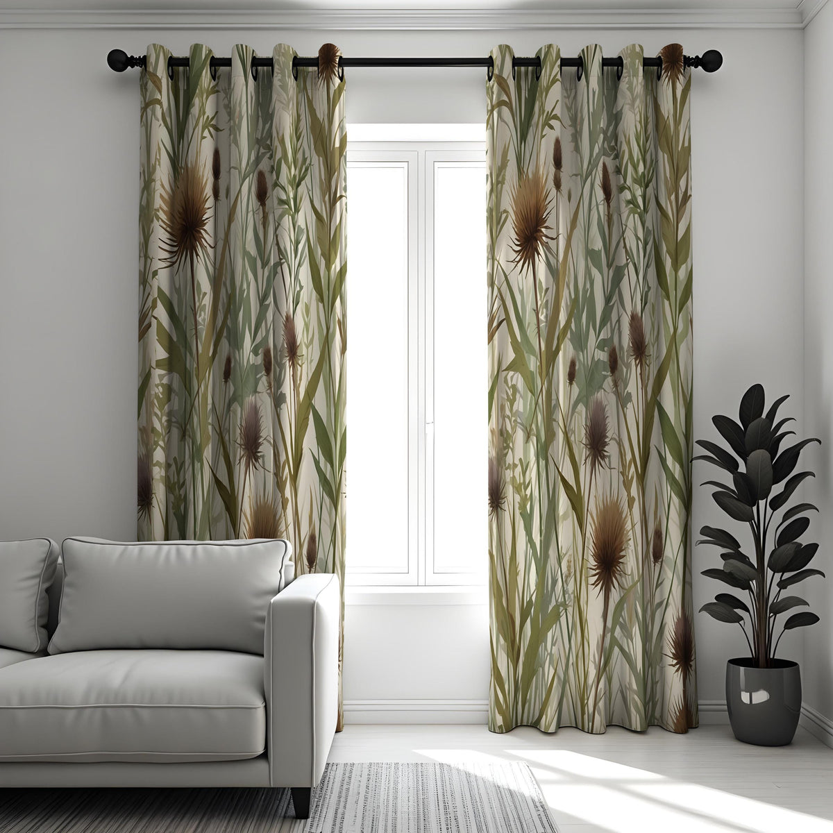 Earthy Thistle Curtains, Neutral Leaf Pattern Drapes