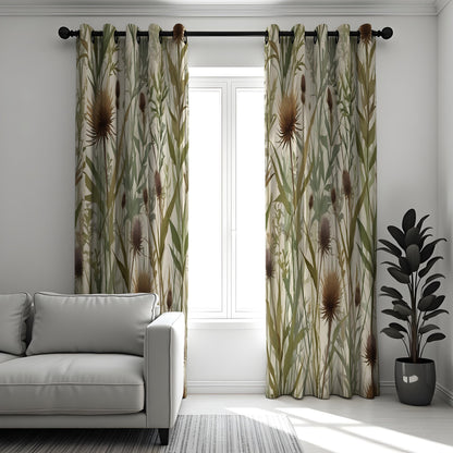 Earthy Thistle Curtains, Neutral Leaf Pattern Drapes