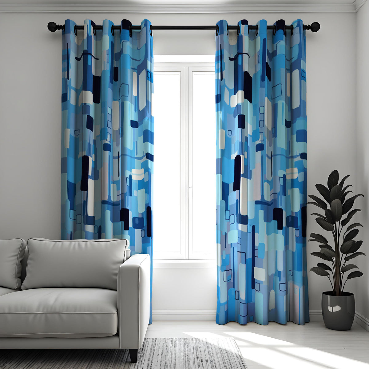 Blue Abstract Geometric Curtains, Mid Century Modern Drapes