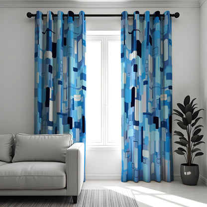 Blue Abstract Geometric Curtains, Mid Century Modern Drapes