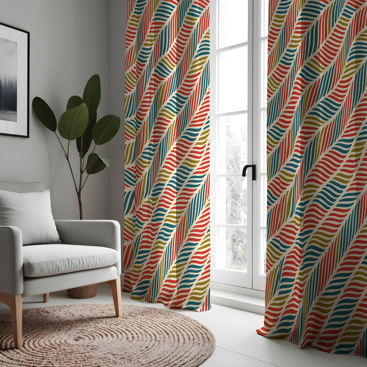 Orange Teal Mustard Wave Stripe Curtains, Retro Drapes