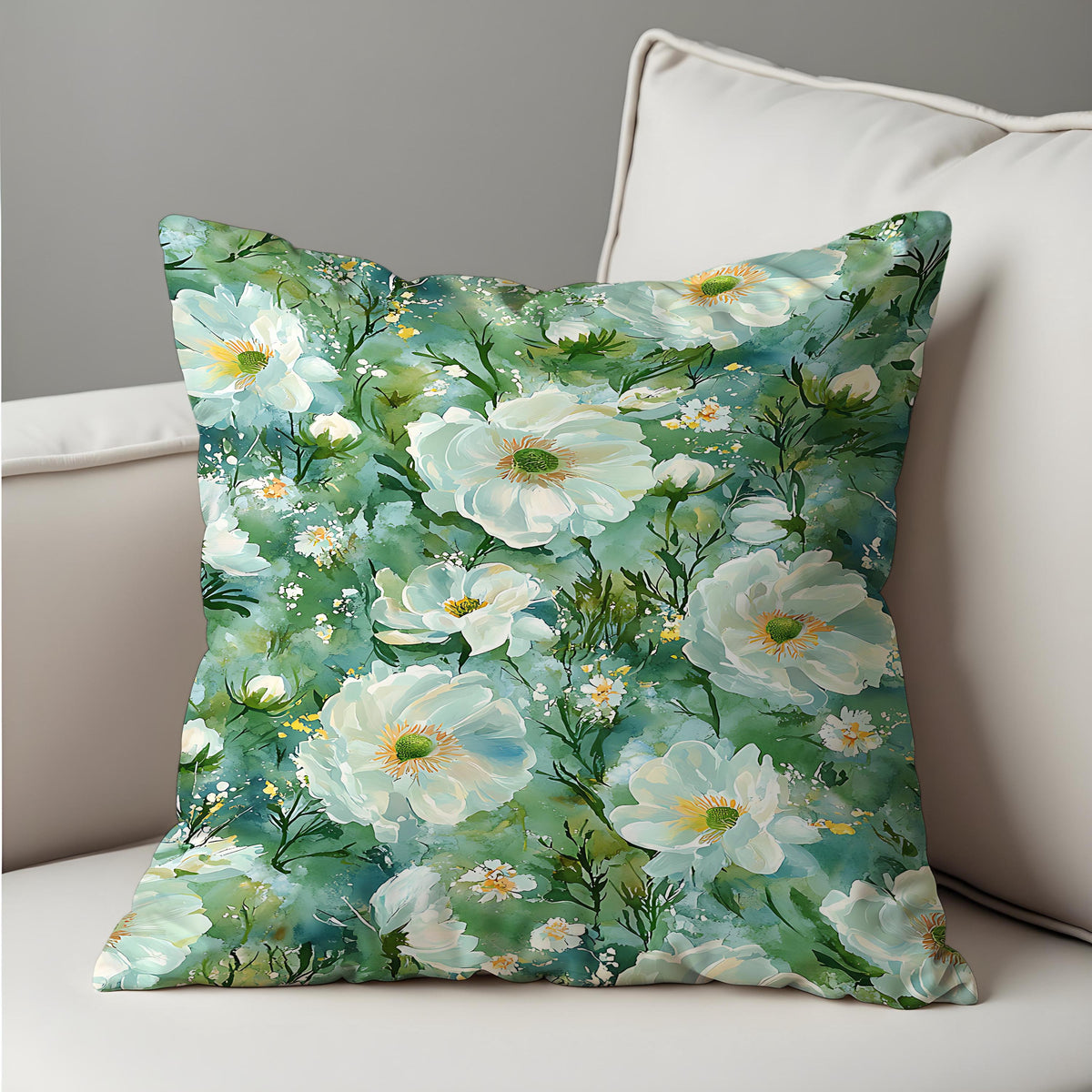 Green Floral Cushion Cover, White Flower Pillow Case