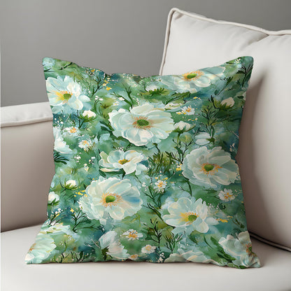 Green Floral Cushion Cover, White Flower Pillow Case